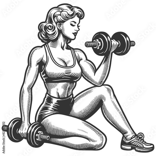 strong, muscular female bodybuilder lifting dumbbells, fitness and strength sketch engraving generative ai fictional character vector illustration. Scratch board imitation. Black and white image.