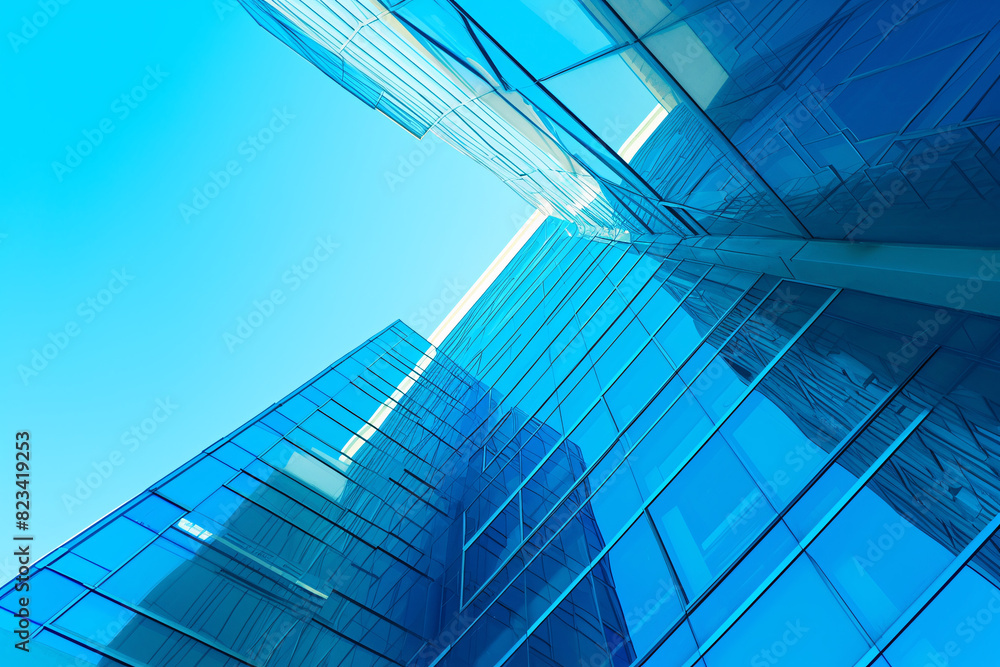 Obraz premium Upward view of modern glass buildings reflecting blue sky
