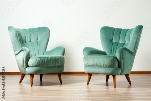 Elegant matching teal armchairs with wooden legs against a white wall in a simplistic room setting photo