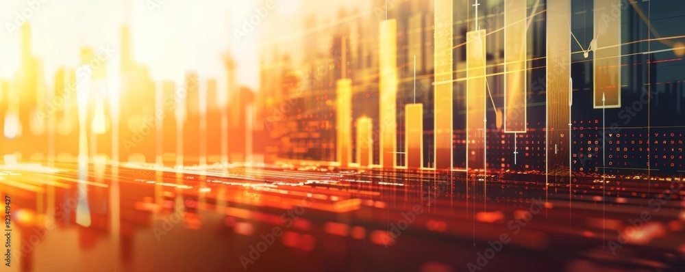 2024 financial graph showing upward trends close up, focus on, copy space Rich, contrasting hues Double exposure silhouette with market analysis