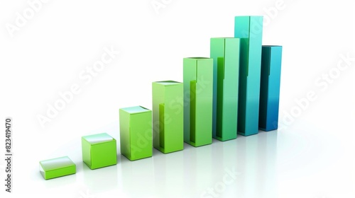 A professional 3D bar graph depicting upward financial trends and forecasts for 2024 Bars in shades of green and blue Isolated on white background  with generous copy space