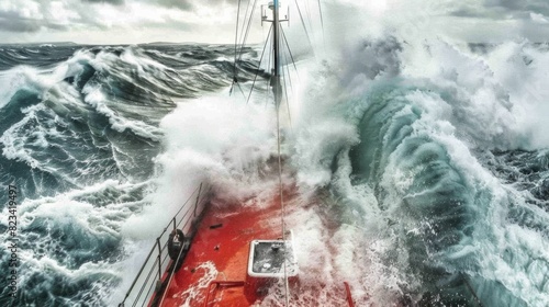 A red sailboat valiantly navigating through turbulent waters in rough seas. photo