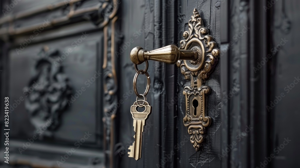 an antique brass door handle with keys dangling, shot in sharp focus with a shallow depth of field and a blurred background. an antique brass door handle with keys dangling, shot in sharp focus with a shallow depth of field and a blurred background.