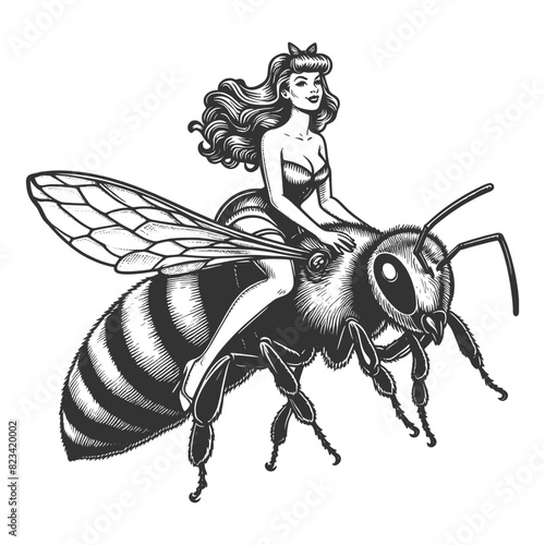 Woman ride bee. Fairy dressed in, riding atop a giant honeybee sketch engraving generative ai fictional character vector illustration. Scratch board imitation. Black and white image.