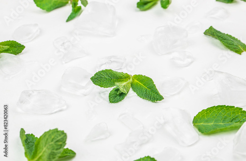 fresh mint in ice cubes. Refreshing drink ingredients. Summer background