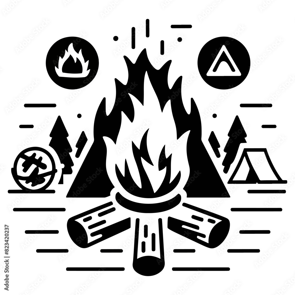 outline clipart campfire black and white camping silhouette vector art ...