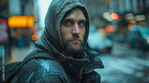 A homeless man facing the camera wearing a hoodie and a backpack In the background, blurred image details in the city.