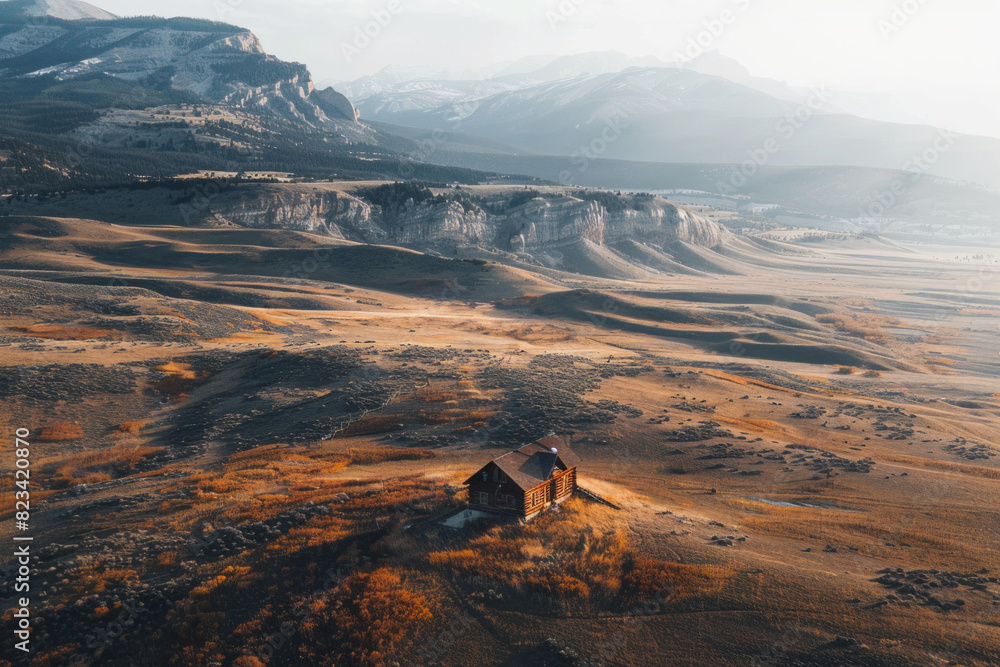 Naklejka premium Aerial view of an isolated mountain cabin surrounded by a vast, untouched landscape. Highlight the solitude and simplicity of the scene