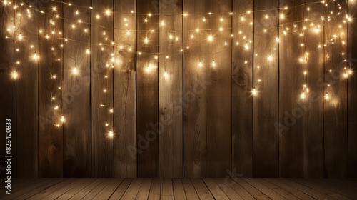 cozy string lights wood background