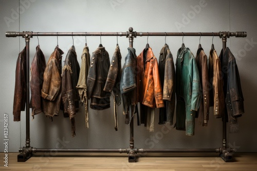 Collection of retro leather jackets neatly hung on a metal pipe rack against a grey wall photo