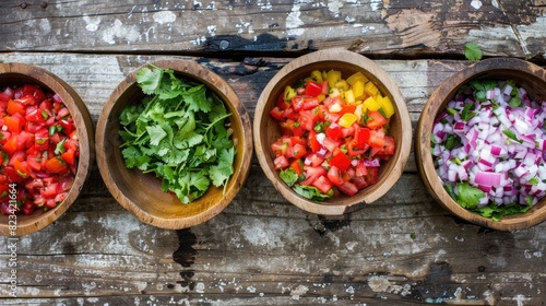 wooden bowls with fresh, vibrant vegetables and sliced red onion, neatly arranged for pico de gallo on a dark background.