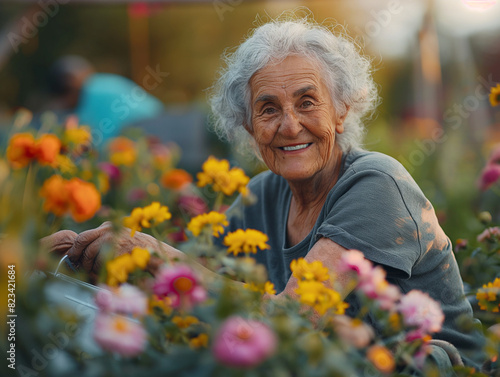 an smiley elderly woman tending to her garden filled with blooming flowers. © P2man