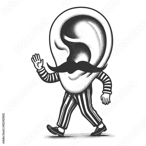 Walking human ear cartoon sketch engraving generative ai fictional character vector illustration. Scratch board imitation. Black and white image.