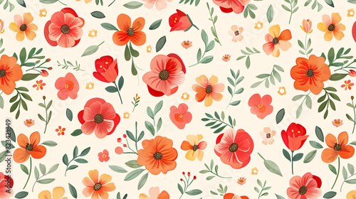 Seamless floral pattern with red and orange flowers. A cheerful seamless floral pattern with red and orange flowers on a cream background. Perfect for spring and summer designs.