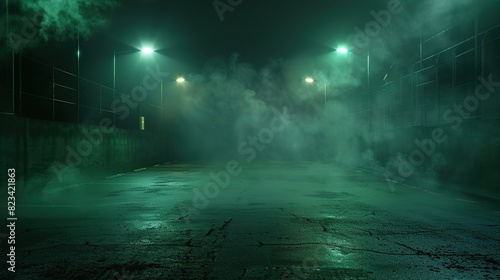 Green Dark Empty Street Background - Neon Light Spotlights Night Scene with Smoke Asphalt Floor Studio Room  © Humam