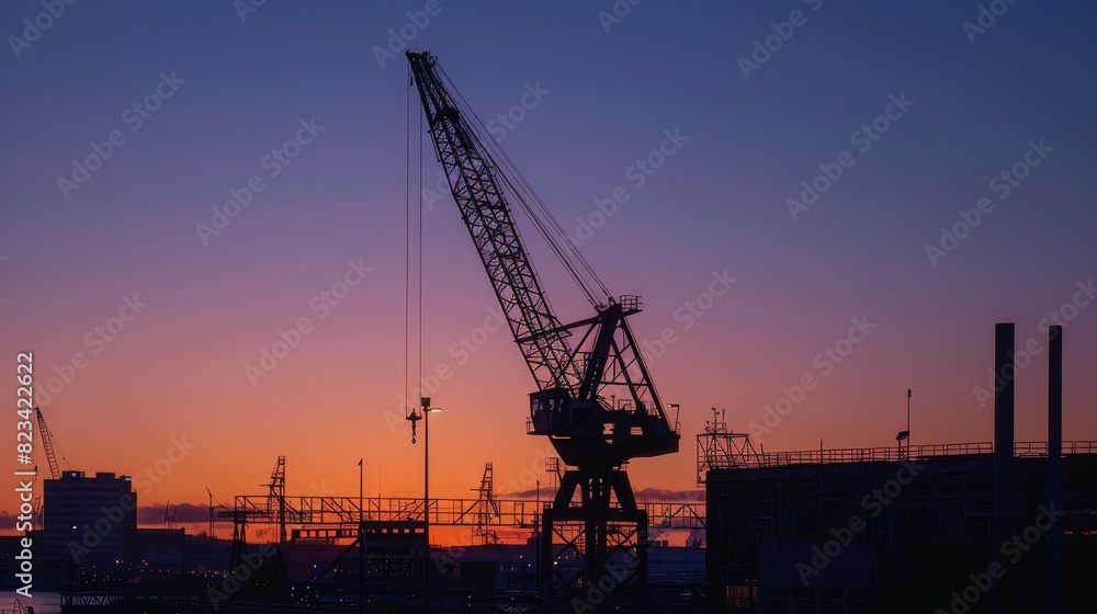 Silhouette of a crane at sunset for industrial or construction themed designs