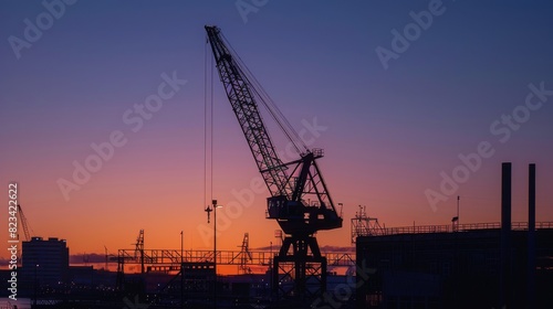 Silhouette of a crane at sunset for industrial or construction themed designs