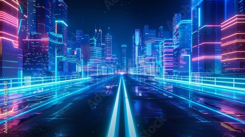 A vibrant neon night in a cyberpunk city. A photorealistic 3D illustration of an empty street illuminated by blue neon lights.