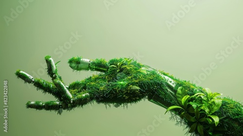 Conceptual design for green technology, a grassy arm with lush foliage, and a robotic hand in 3D