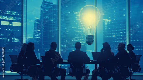 Business concept illustration of a team of professionals discussing business ideas and finding solutions. A light bulb symbolises taking a risk, being supported, and finding solutions. photo