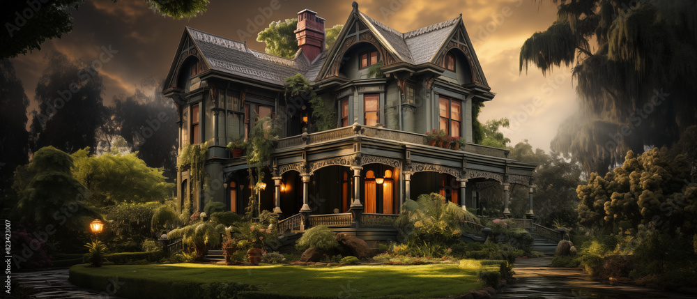 Elegant Victorian Mansion in Twilight Garden Elegant Victorian Mansion in Twilight Garden