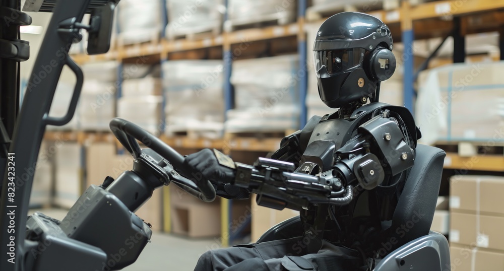 A humanoid robot operating a forklift, high-tech automation in warehouse logistics