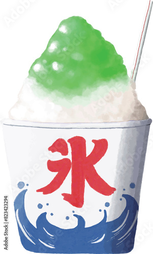 Watercolor painting of Japanese shaved ice topped with green syrup.
