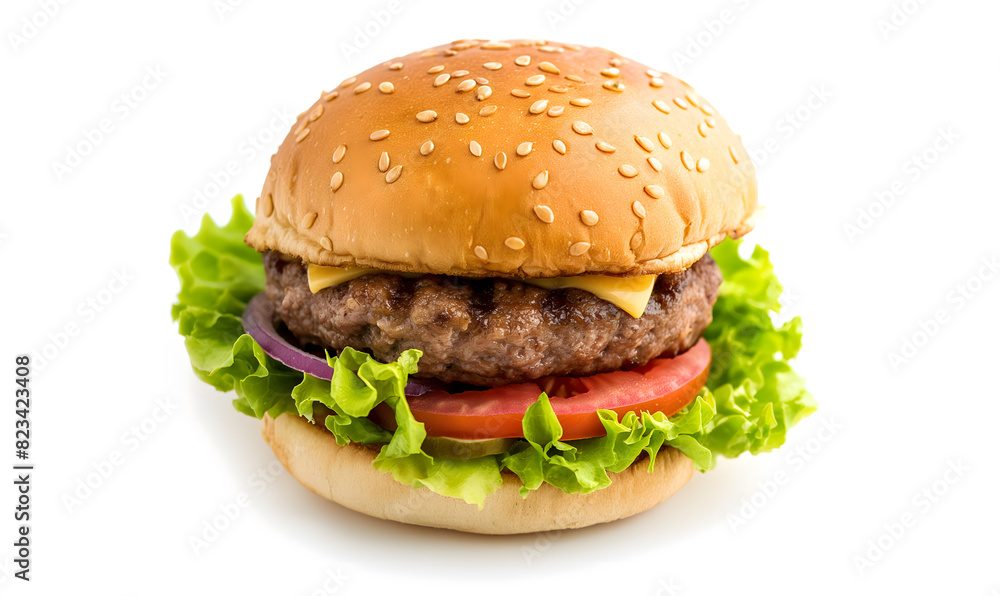 Classic Cheeseburger with Fresh Vegetables on a White Background Classic Cheeseburger with Fresh Vegetables on a White Background