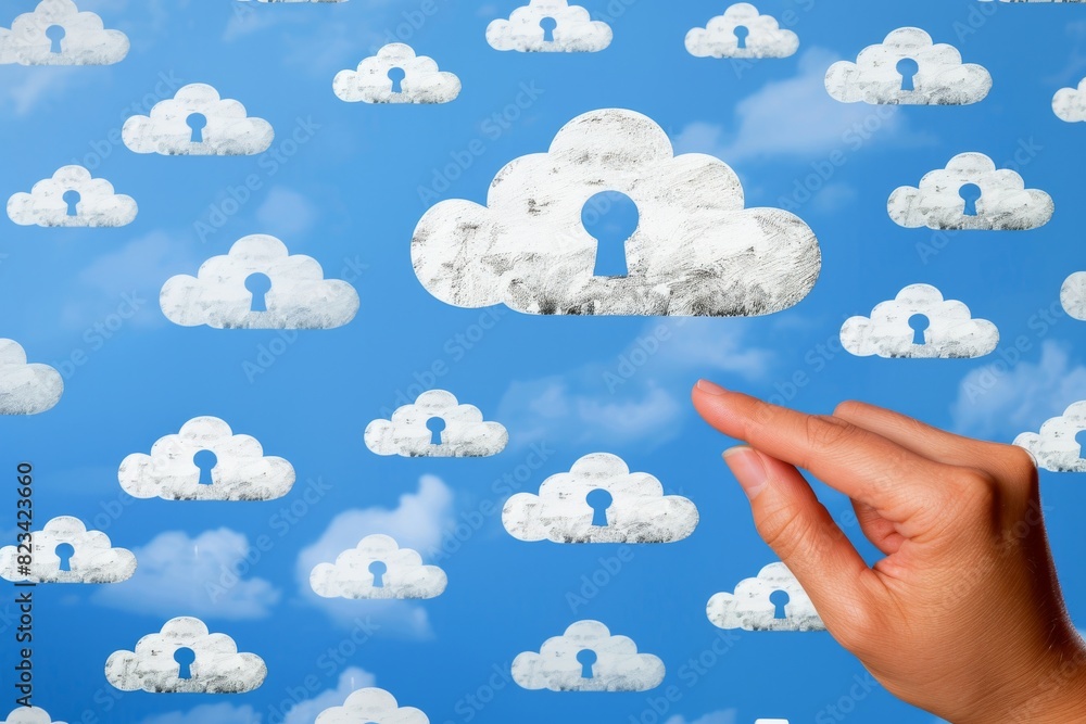 Hand pointing at a cloud lock icon on a blue patterned background, symbolizing cloud computing security and data protection.