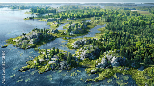 Modern nature national park background wallpaper  backdrop  texture  Isle Royale  Lake Superior  USA  America  isolated. LIDAR model  elevation scan  topography map  3D render  template  aerial  drone