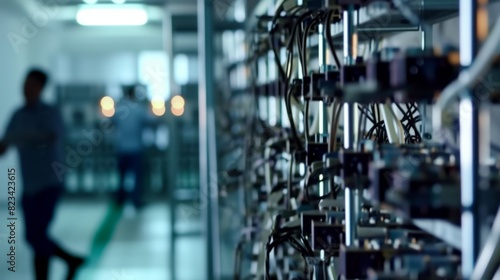 An out-of-focus shot of a technician walking past a cryptocurrency mining farm with numerous hardware setups visible, emphasizing the scale and operation of digital currency mining.