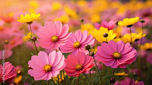 cosmos pink and yellow flowers