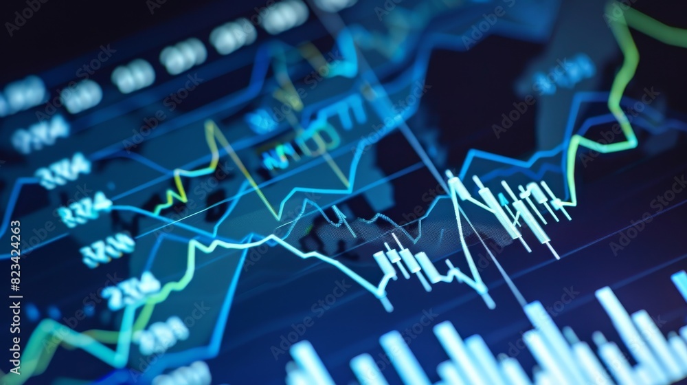 A close-up view of vibrant, multi-colored stock market graphs and indicators on a dark blue digital display, symbolizing financial data analysis. A close-up view of vibrant, multi-colored stock market graphs and indicators on a dark blue digital display, symbolizing financial data analysis.