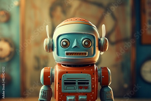 Close-up portrait of a colorful vintage toy robot. A whimsical and playful collectible from childhood. With a metallic. Nostalgic. And antique retro design