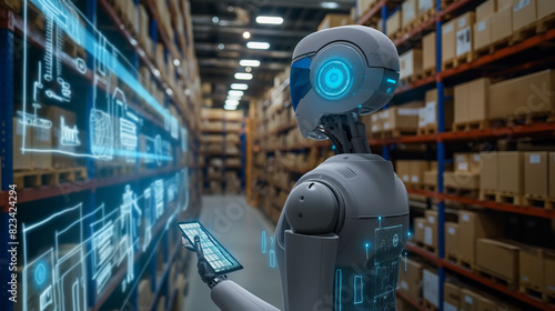 modern AI robot working in a smart warehouse managing and checking the stocks of products using augmented reality hologram technology, industry automation through futuristic artificial intelligence