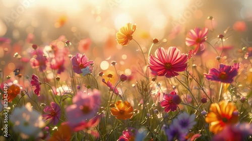 A sprawling field of wildflowers under the radiant sun, with brilliant sunrays cutting through a light morning haze. © Aqsa