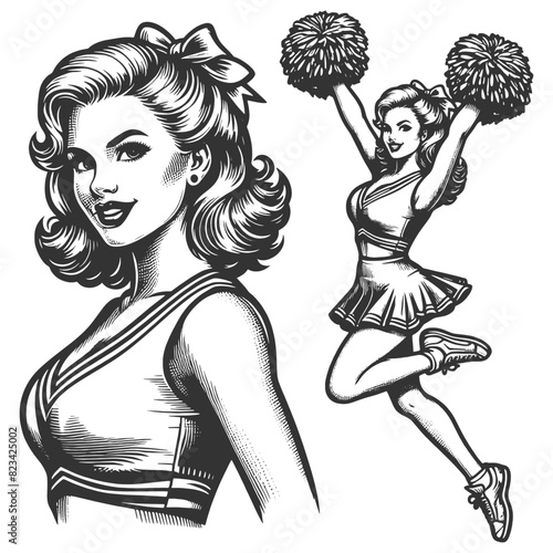 cheerleader in classic pin-up pose with pom-poms and a playful expression sketch engraving generative ai fictional character vector illustration. Scratch board imitation. Black and white image