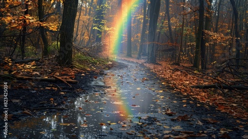  An enchanting view inside a summer forest where a partial rainbow peeks through the rain-dampened trees. 