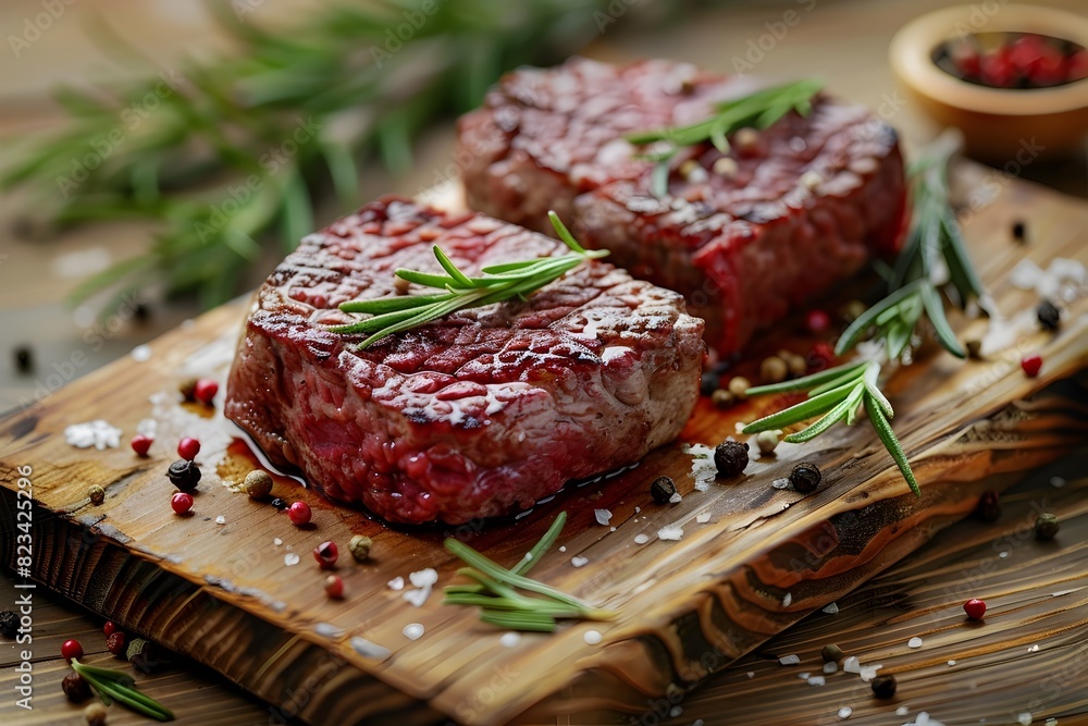 Juicy Prime Rib eye Steaks on Rustic Handcrafted Wooden Board with Fragrant Rosemary and Multicolored Peppercorns
