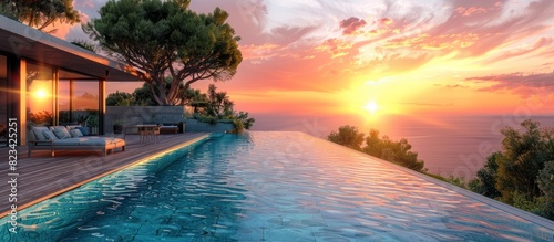 Swimming pool with wooden deck at sunset