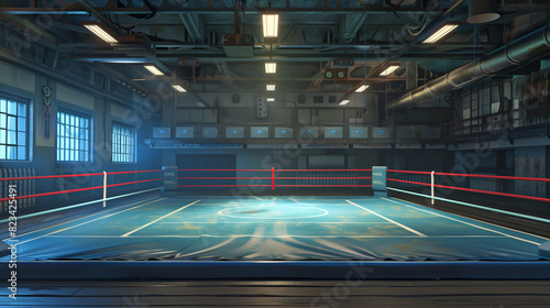 empty professional lit  boxing matches training session ring arena with spotlight  Combat Sports events concept