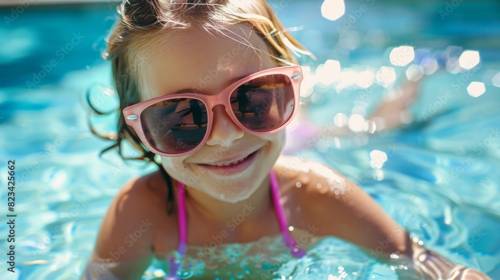 A young girl is smiling and wearing pink sunglasses while swimming in a pool
