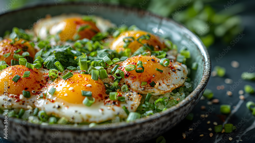 Savory Baked Eggs in Pan With Herbs and Spices Close-Up Savory Baked Eggs in Pan With Herbs and Spices Close-Up