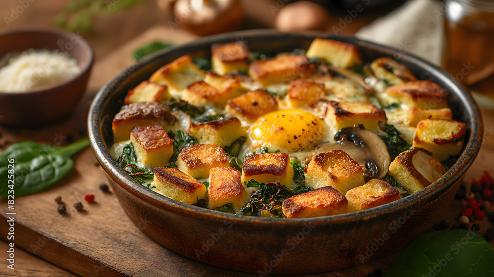 Savory Spinach and Mushroom Quiche on a Dark Rustic Table Savory Spinach and Mushroom Quiche on a Dark Rustic Table