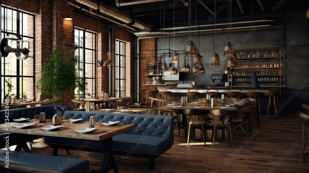 restaurant blurred industrial modern interior