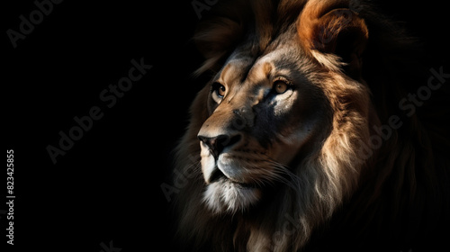 Close up of great lion head isolated in black background. Wildlife animal background concept.