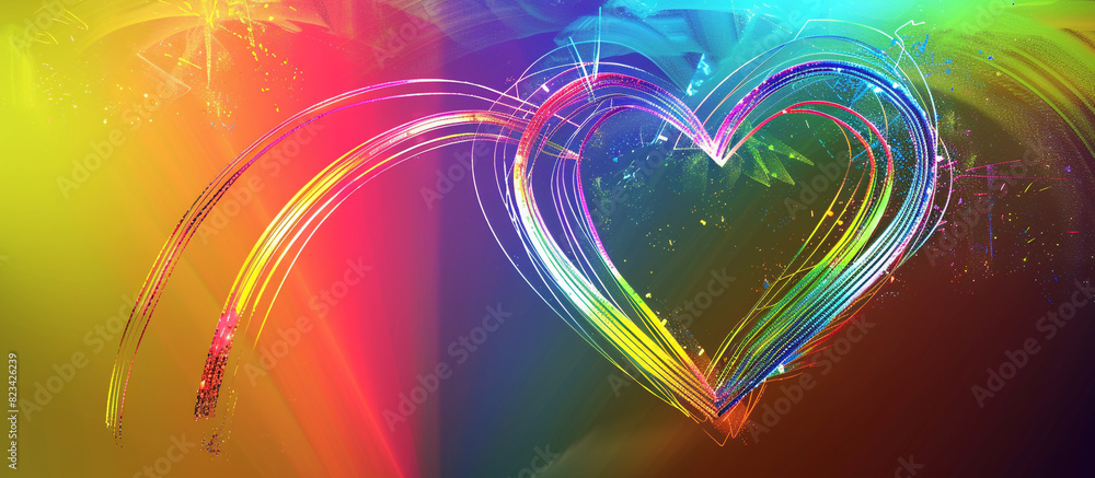 A heart drawn with rainbow-colored laser beams, futuristic and vibrant, against a background that subtly transitions through a rainbow gradient. A heart drawn with rainbow-colored laser beams, futuristic and vibrant, against a background that subtly transitions through a rainbow gradient.