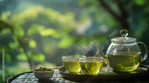 Serene Tea Time: Glass Teapot and Cups amidst Lush Greenery