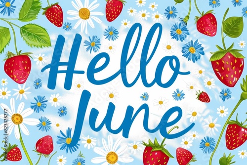 summer background, illustration with the inscription Hello June with summer berries and flowers