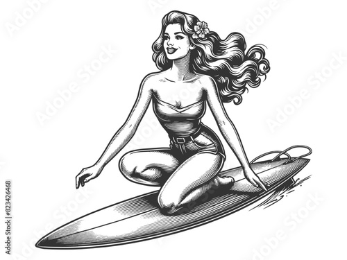 retro pin-up girl in stylish beachwear surfing on wave, grace and balance sketch engraving generative ai fictional character vector illustration. Scratch board imitation. Black and white image.